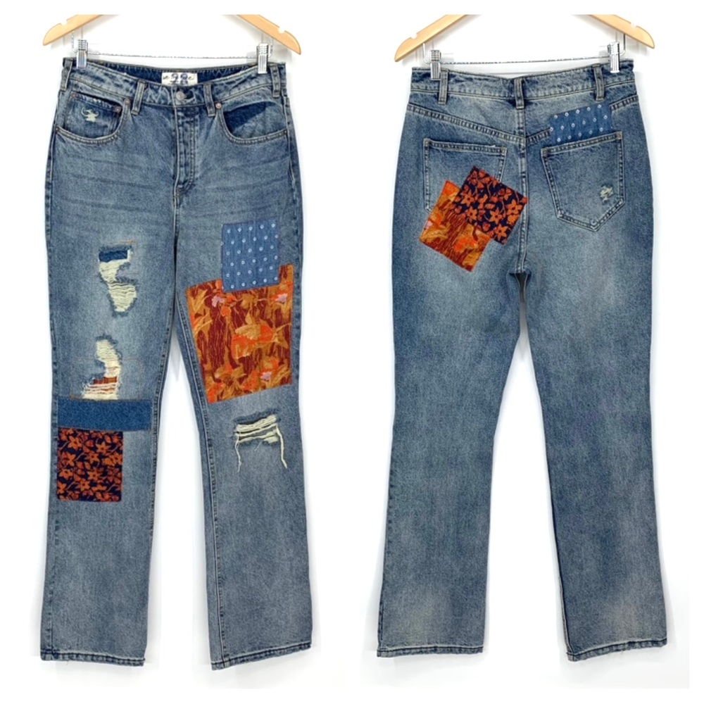 We The Free People Fall Patchwork Button Fly Denim Straight Boot Jeans Size 28